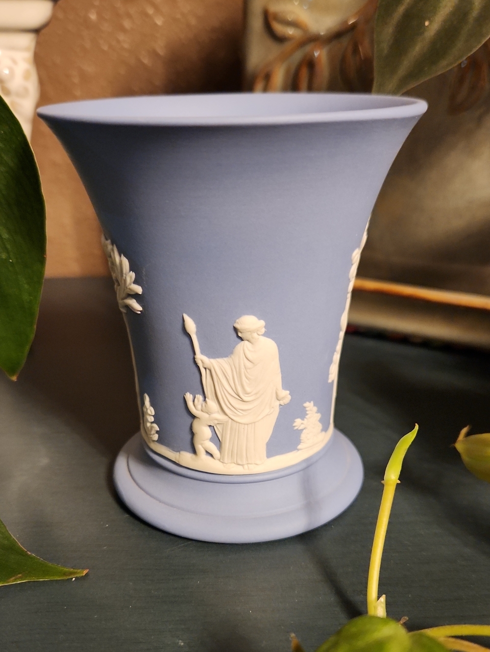 Blue Wedgwood-Style Jasperware Relief Vase, EUC